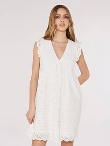 APRICOT-V-Neck Anglaise Mini Dress-White