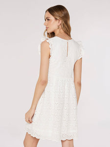 APRICOT-V-Neck Anglaise Mini Dress-White