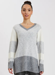 POINT ZERO-LACEY V-neck colorblock sweater-GREYMIX
