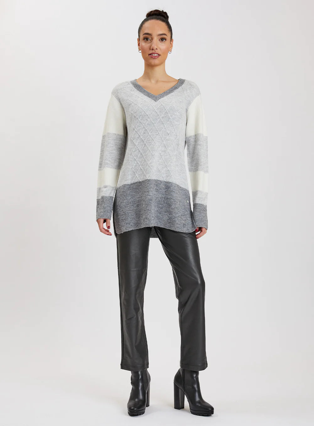 POINT ZERO-LACEY V-neck colorblock sweater-GREYMIX